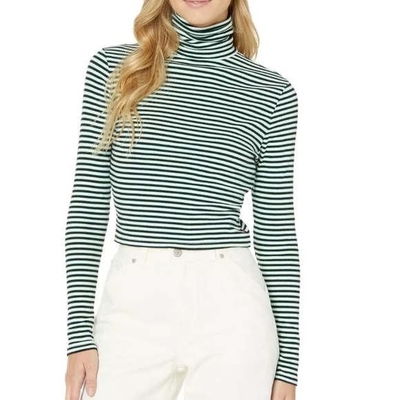 Levis Moon Rib Cropped Striped Black White Electric Green Turtleneck Top NWT Med - Picture 1 of 13